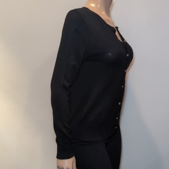 Ann Taylor Buttoned Cardigan Sweater Cotton Knit Crew Neck Womens Medium Black - Picture 7 of 10